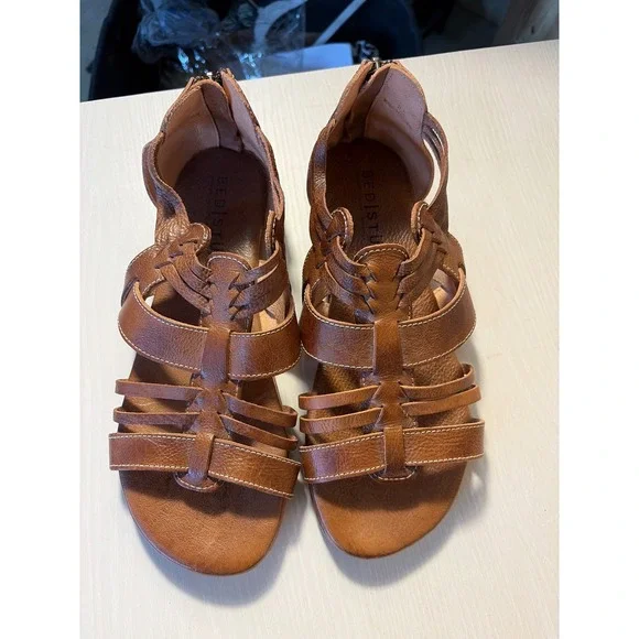 Bed Stu Cara Womens 8.5 Tan Leather Strappy Gladiator Sandals Flat Back Zip boho - Picture 3 of 7